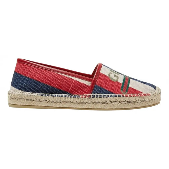 Gucci Shoes - Gucci Sylvie Canvas Leather Red White Blue Logo Stripe Flat Espadrille 34.5
